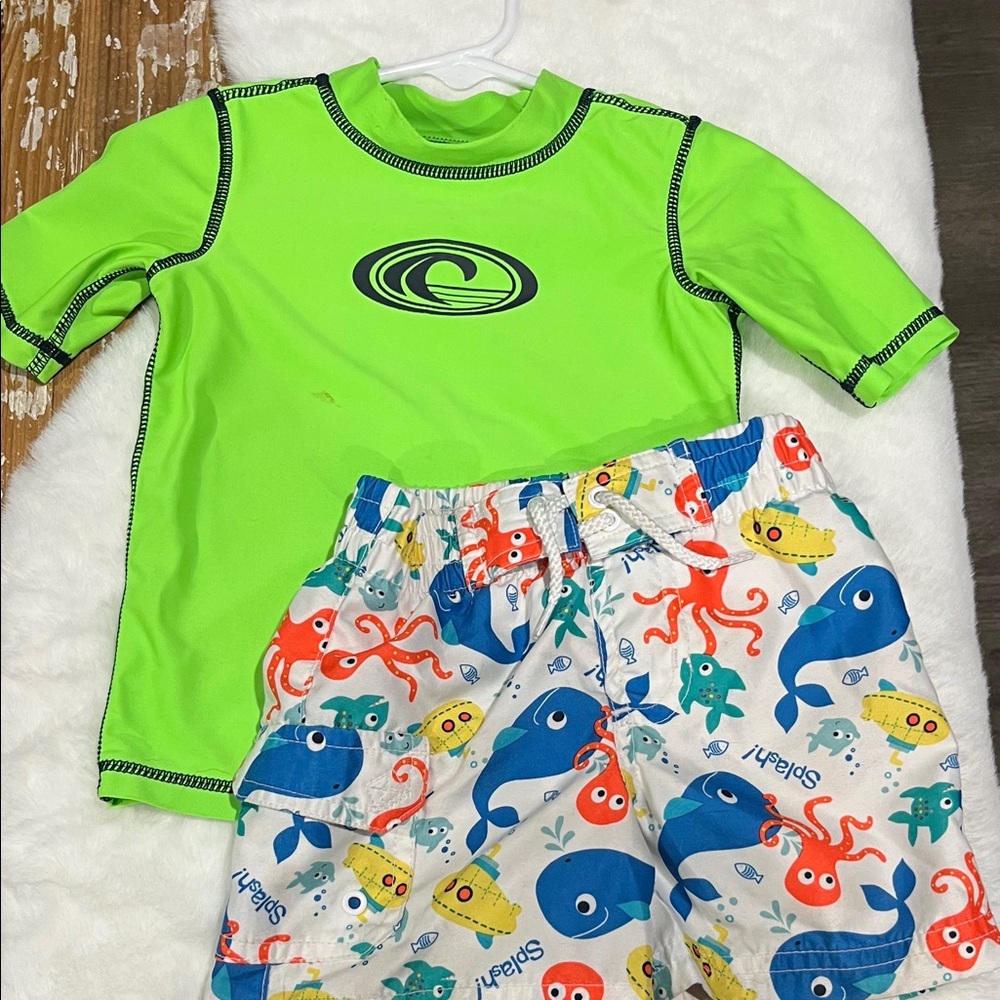 Koala Kids Neon Green Rash Guard with Ocean Print Swim Shorts